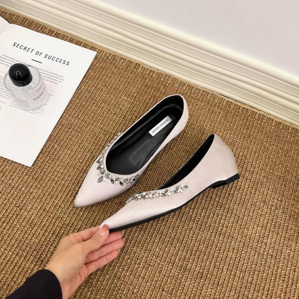 Pointed Toe 5cm Height-Increasing Nude Rhinestone and Black Patent Leather Flats
