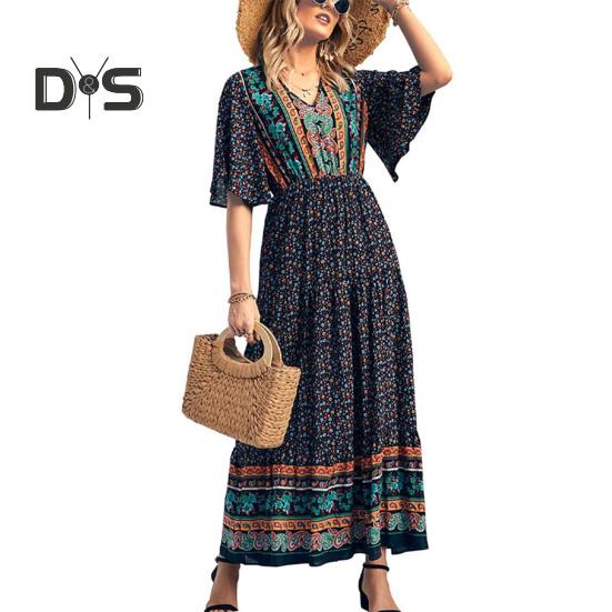 Dámské šaty Etnický bohémský styl Potisk Výstřih do V Krátké rukávy Pružný pas Skládaný Patchwork Maxi šaty A-line Letní dovolená Plážové šaty