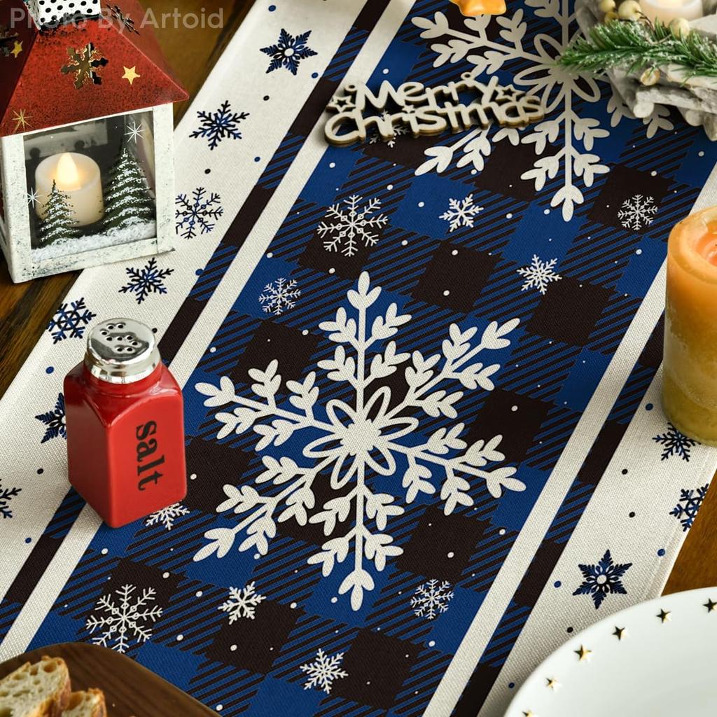 Artoid Mode Buffalo Plaid Snowflakes Christmas Table Runner, Seasonal Winter Kitchen Dining Table Decoration for Home Party Decor 13x72 Inch