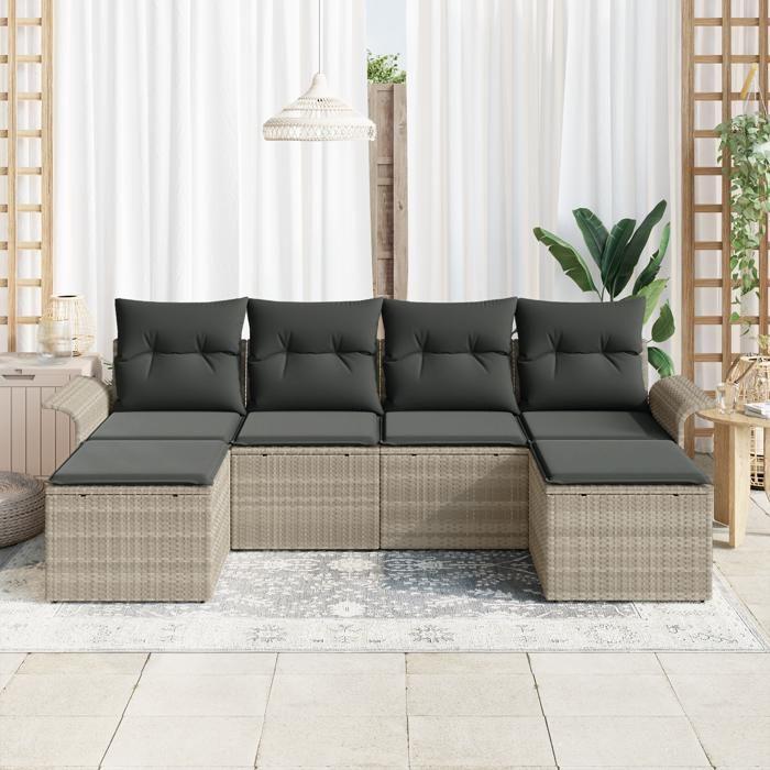 Ensemble de canapé de jardin de 6 pièces avec coussins en rattan synthétique gris clair, Canapé de jardin de 2 places 3354141