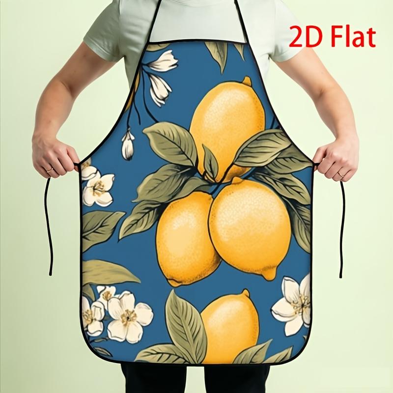 1pc 2D Printed Creative Apron Vintage Lemon Fruit Floral Pattern Blue Background Kitchen Cooking Baking Gardening Wear Stylish D