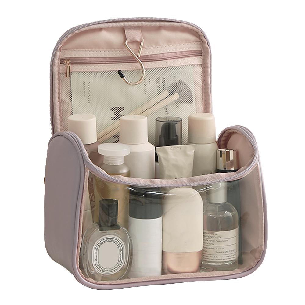 HK8297 Waterproof Clear Design Makeup Bag Large Capacity Cosmetic Bag PU Leather+PVC Travel Toiletry Organizer with Portable Handle Strap