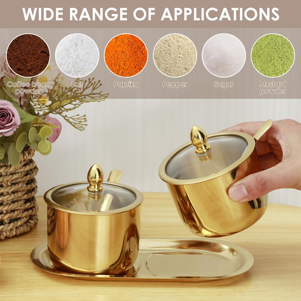 1/2Pcs Stainless Steel Sugar Bowl Set with Glass Lid and Spoon Rustproof Seasoning Box Round Condiment Pots Polished Shiny Sugar