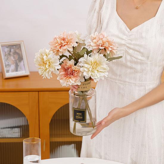 Artificial Flower Realistic Delicate Home Party Ornament Solid Color Fake Dahlias with Stem for Wedding Celebration