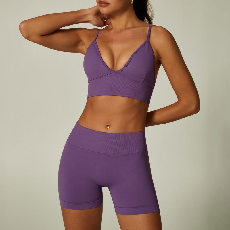 Womens Seamless Yoga Set With Deep V Sports Bra High-Waisted Legging Shorts Breathable Nylon Spandex Workout Outfit