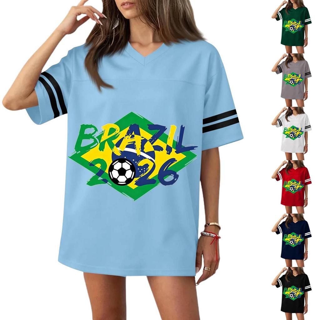 Women’s Casual V Neck Short Sleeve Soccer Jersey Top with Flag Print and 2026 Graphic Loose Fit Sports Shirt