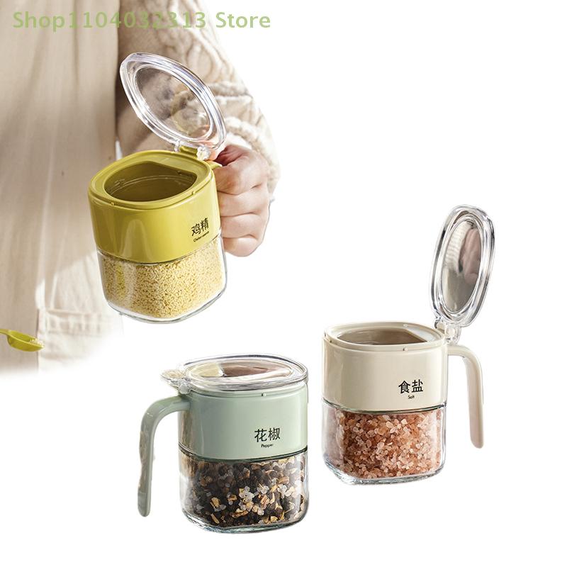 Simple Light Luxury Seasoning Box With Spoon,Food Grade Thickened Lead-free Glass,Transparent Flip Design, Comfortable Handle