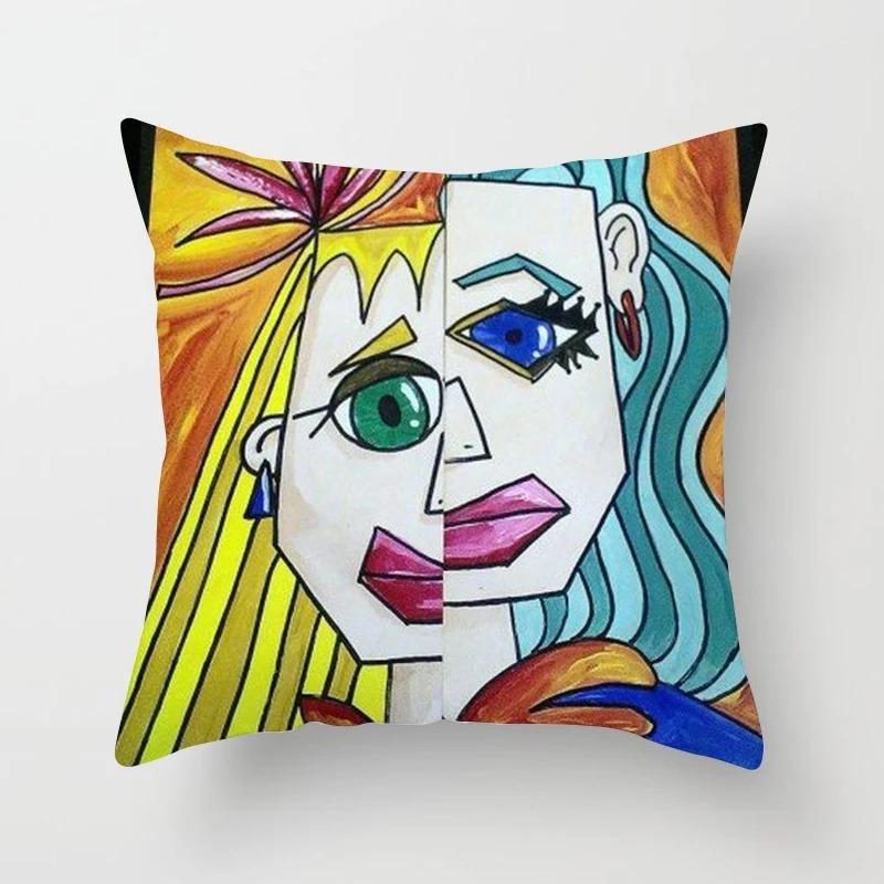 Abstract Face Cubist Art Peach Skin Pillow Cover 2D Flat Printed Geometric Portrait Cushion Case For Sofa Living Room Decor