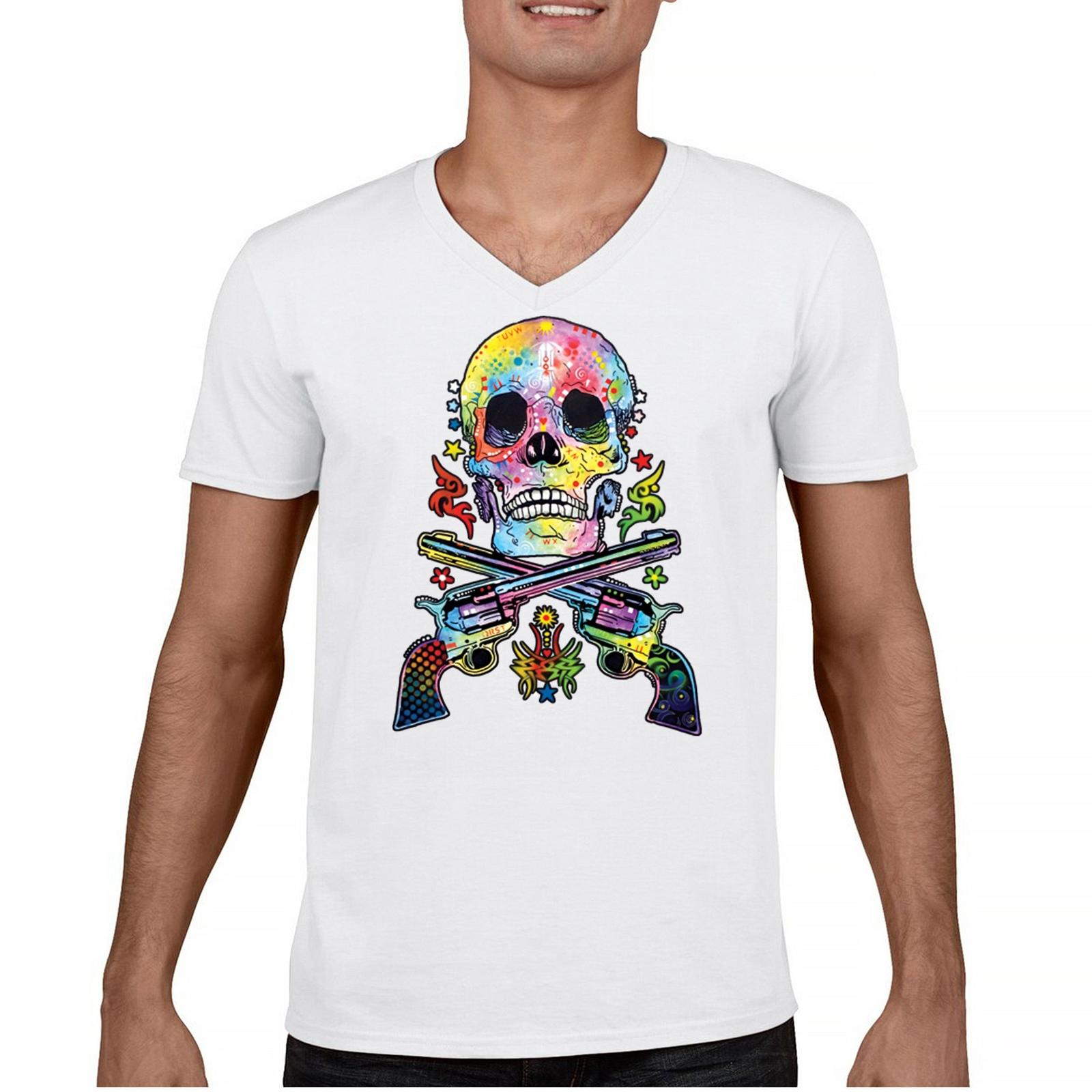 Dean Russo Art Skull and Guns V-Neck T-shirt Colorful 2nd Amendment Tee S разноцветный
