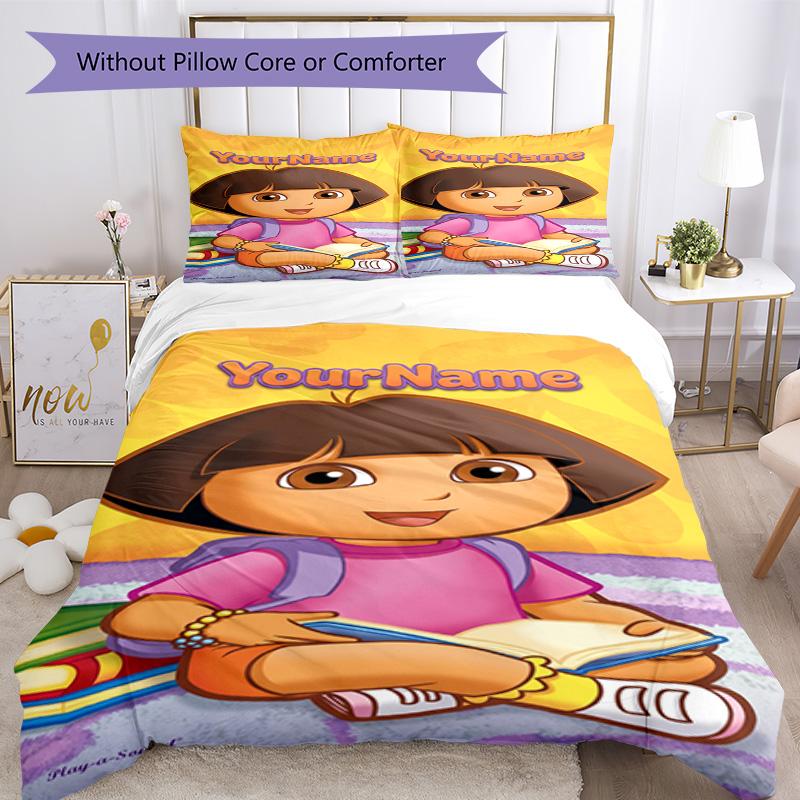Dora Explorer Customize Your Name Bedding Set Breathable Duvet Cover with Pillowcases Home Decoration Birthday Gift