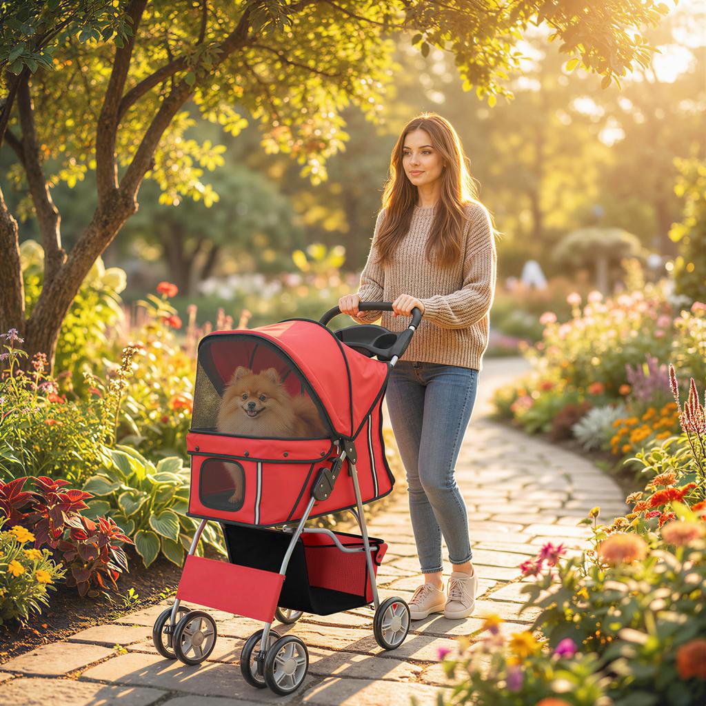 Dog Pram, Pet Stroller with Reflective Strips, Foldable Cat Stroller with 360 Degrees Swivel Wheels, Red