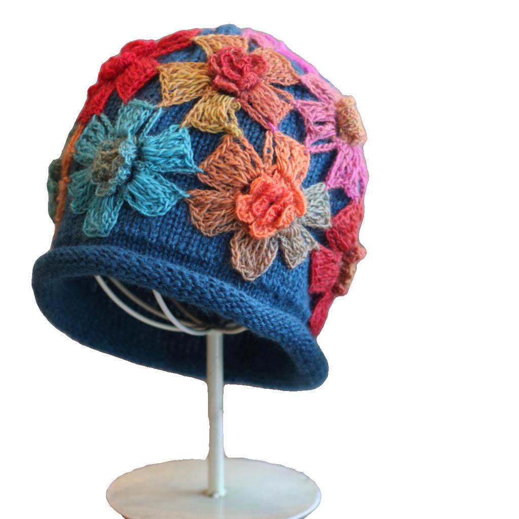 Hat Fan Gradual Change Wool Line Ethnic Style Colorful Flowers Hand Hook Pile Bag Head Hat Retro Elegant Autumn and Winter Warmth