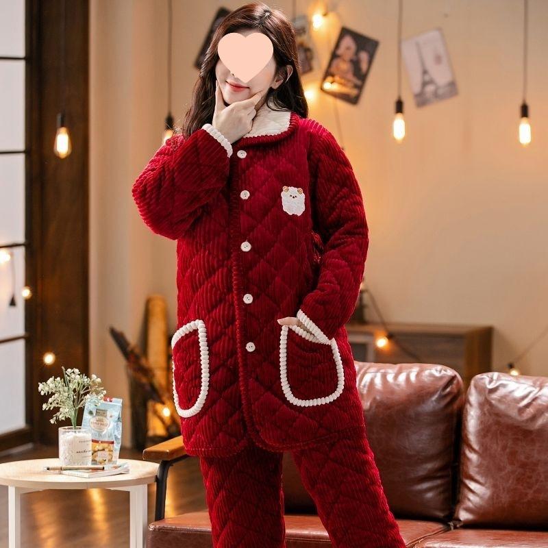 Pajamas women's winter warm winter fleece thickened coral fleece three layers of cotton autumn and winter women's loungewear