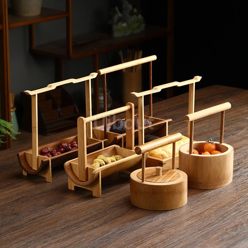 Portable Handmade Bamboo Carry Snack Cake Basket Desktop Refreshment Box Dried Fruit Tray Storage Fruit Snack Dessert Plate
