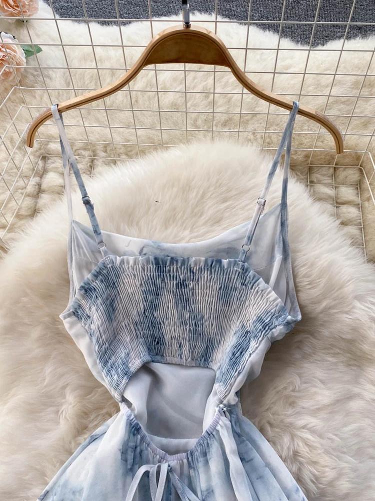 Summer Fashion Long Dress Women Print Floral Sexy Hollow Backless Strappy Party Dress Female Boho Vacation Beach Outing Sundress