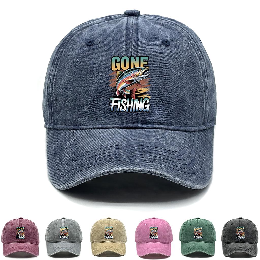 Classic Gone Fishing Dad Hat Vintage Washed Cotton with Fish Graphic Relaxed Outdoor Baseball Cap For Unisex Women