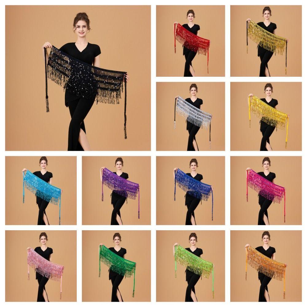 Shiny Sequin Hipscarf 4-Row Dance Wrap-skirt Fringe Hipwrap Belly Dance Belt  Dancer