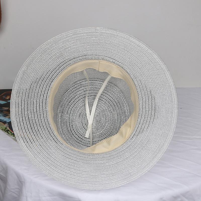 Silver Wire Braided Flat Top Straw Sun Hat With Wide Brim Diamond Waist Cover Light Luxury Summer High-End Sun Protection