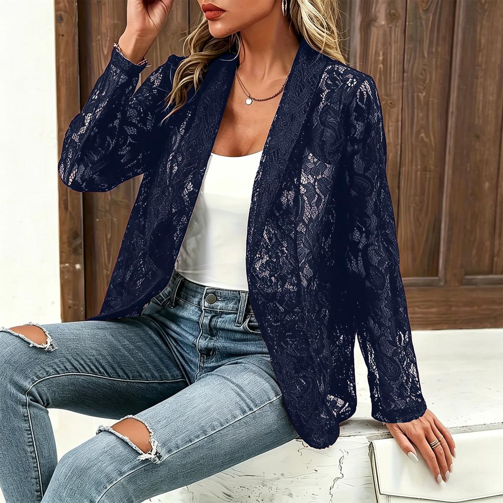 Women Lace Sleeve Open Front Blazer Casual Long Sleeve Lightweight Cardigan Jacket for Office and Daily Wear