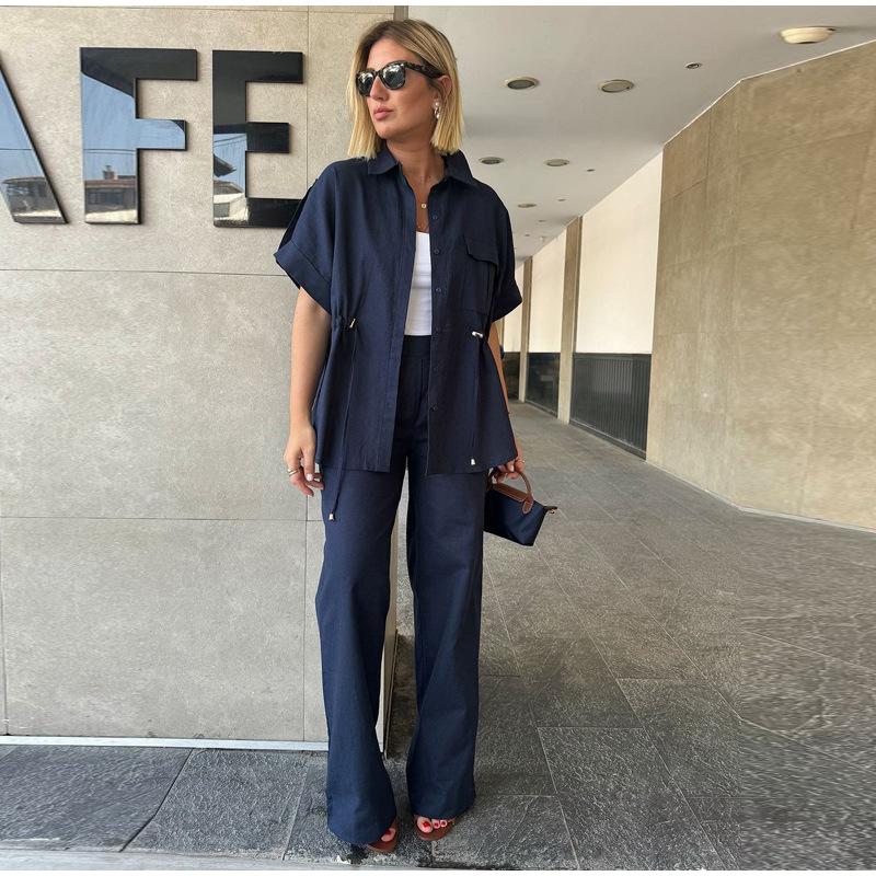 Set de damă cu șort cu șnur și mânecă scurtă, culoare uni, pantaloni lungi, cu trei culori la alegere, cu talie marcată, stil casual, vară, set nou pentru femei