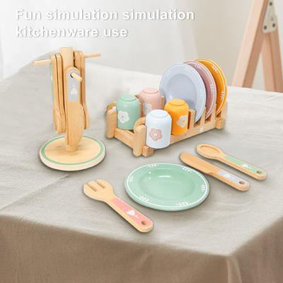 Wooden Kitchen Toy Set for Kids Wood Dinnerware Playset with Plates Cups