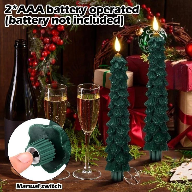 4/2pcs Christmas Tree LED Flameless Candles Light with 3D Flame Wick Green LED Candlesticks Operated for Christmas Home Decor