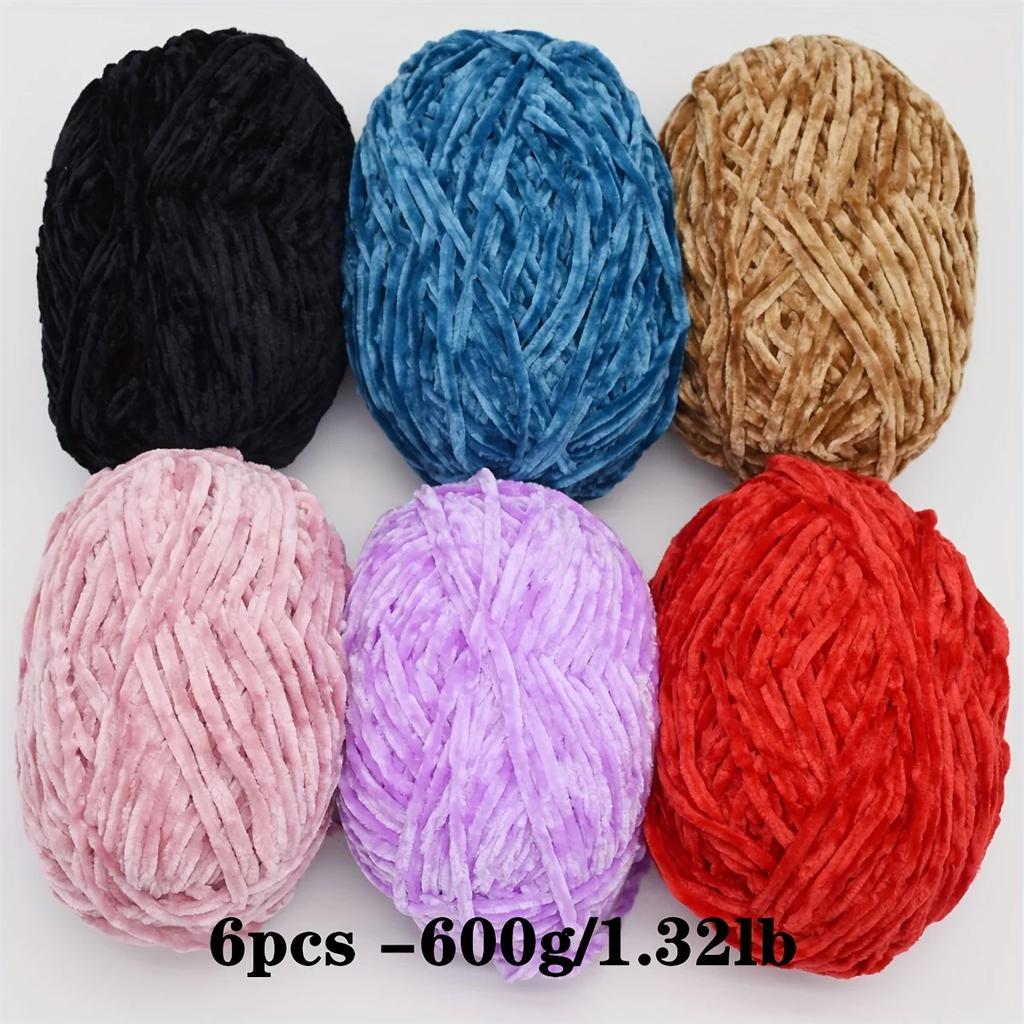 6-Pack Soft Chenille Velvet Yarn, 100g Each, 100% Polyester, Assorted Colors, for Crocheting Sweaters, Coats and DIY Crafts