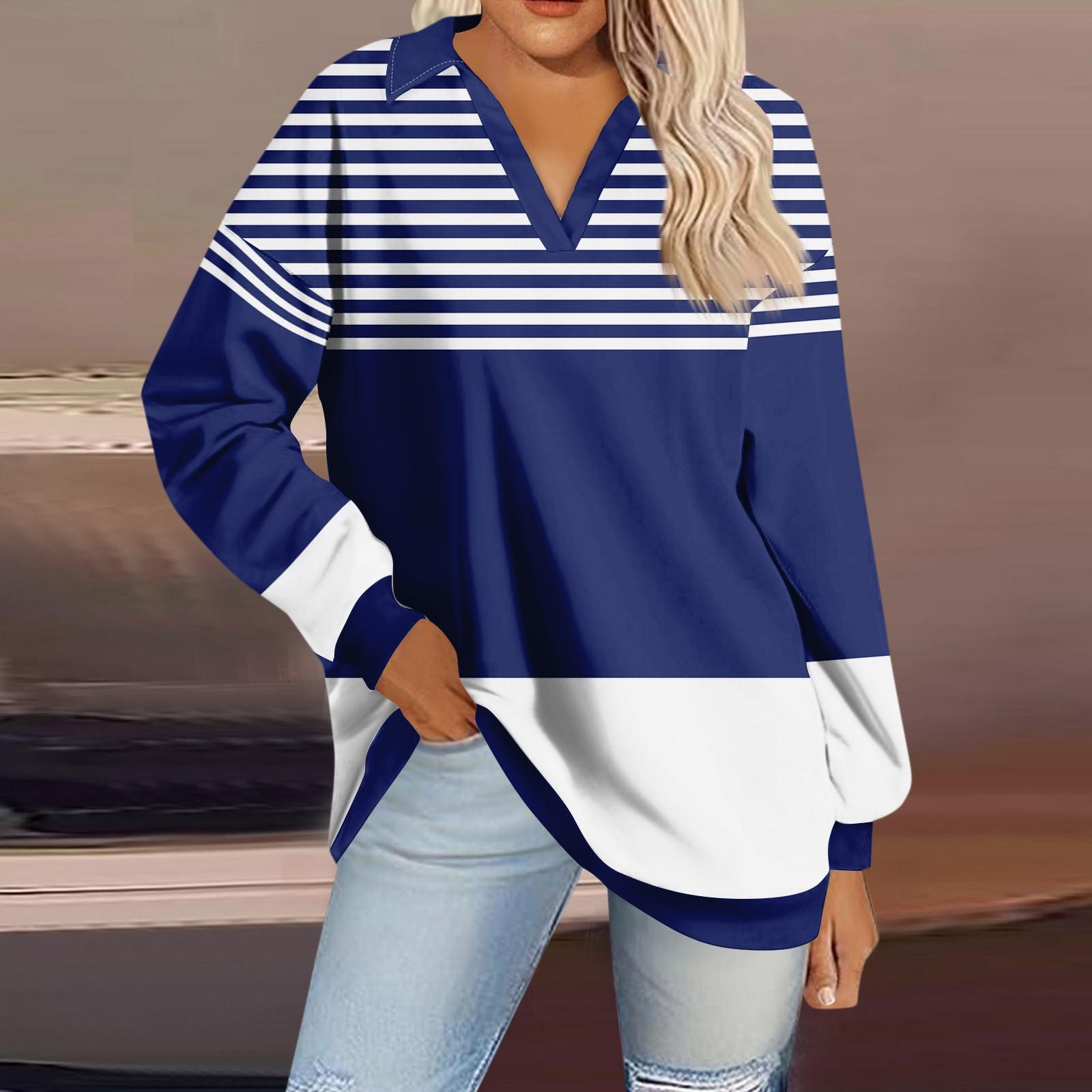 

Женская мода полосатый принт V-образный вырез длинный рукав свободный пуловер свитшот топ XL белый