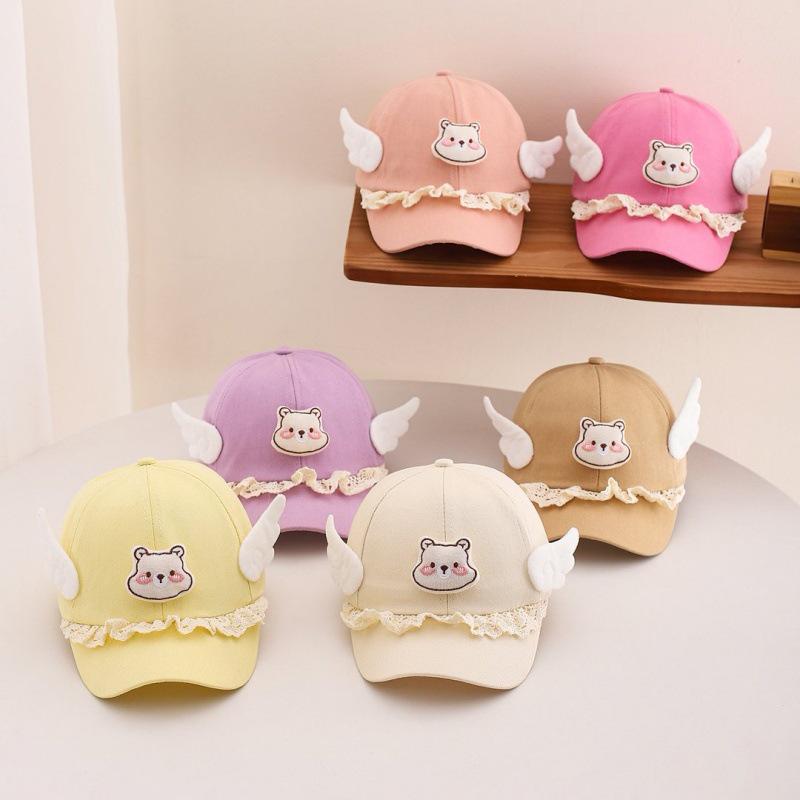 Spring Angel Wings Baseball Cap for Girls - Cute Bear Design, Sun Protection Hat