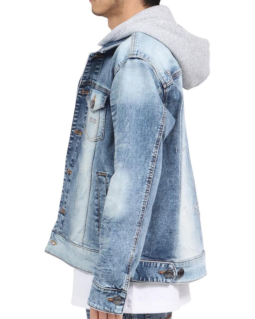 GATCHA Stretch Blast Wash Denim Jacket with Detachable Size and Clothing Hood, Bleach, L, 241G1622, Men's Women's, Spring/Summer