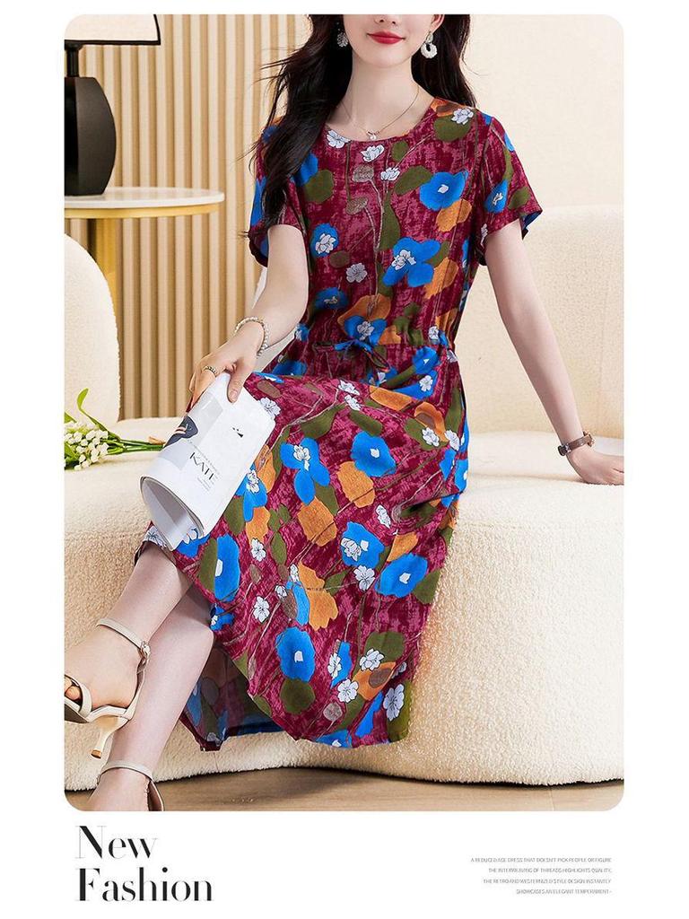 Elegant Plus Size Cotton Silk Knee-Length Dress with Waist Cinch for Middle-Aged Women
