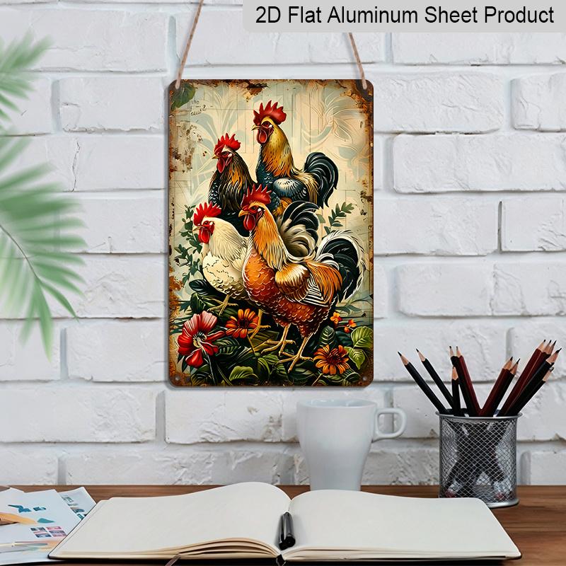 2D Flat, 1pc Vintage Rooster Metal Sign - 8x12 Inch Rustic Aluminum Wall Art with 3 Roosters & Floral Design, Indoor/Outdoor Decorative Hanging Plate