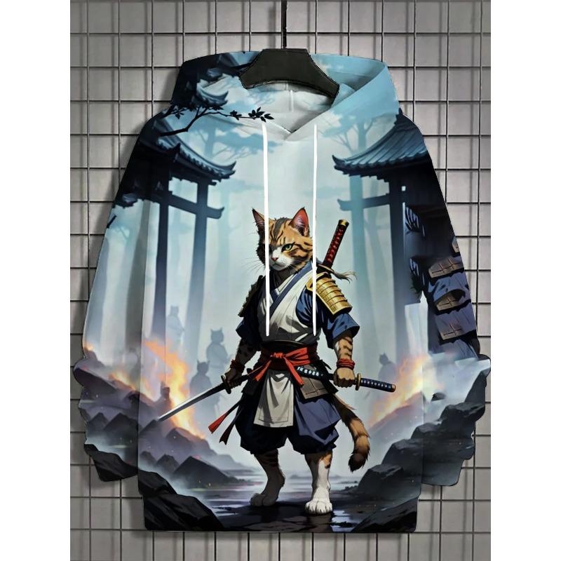Japanese Samurai Cat Hoodie For Men Autumn And Winter Fashion Hoodie Casual Men's Long Sleeved T-Shirt Oversized Streetwear 5xl