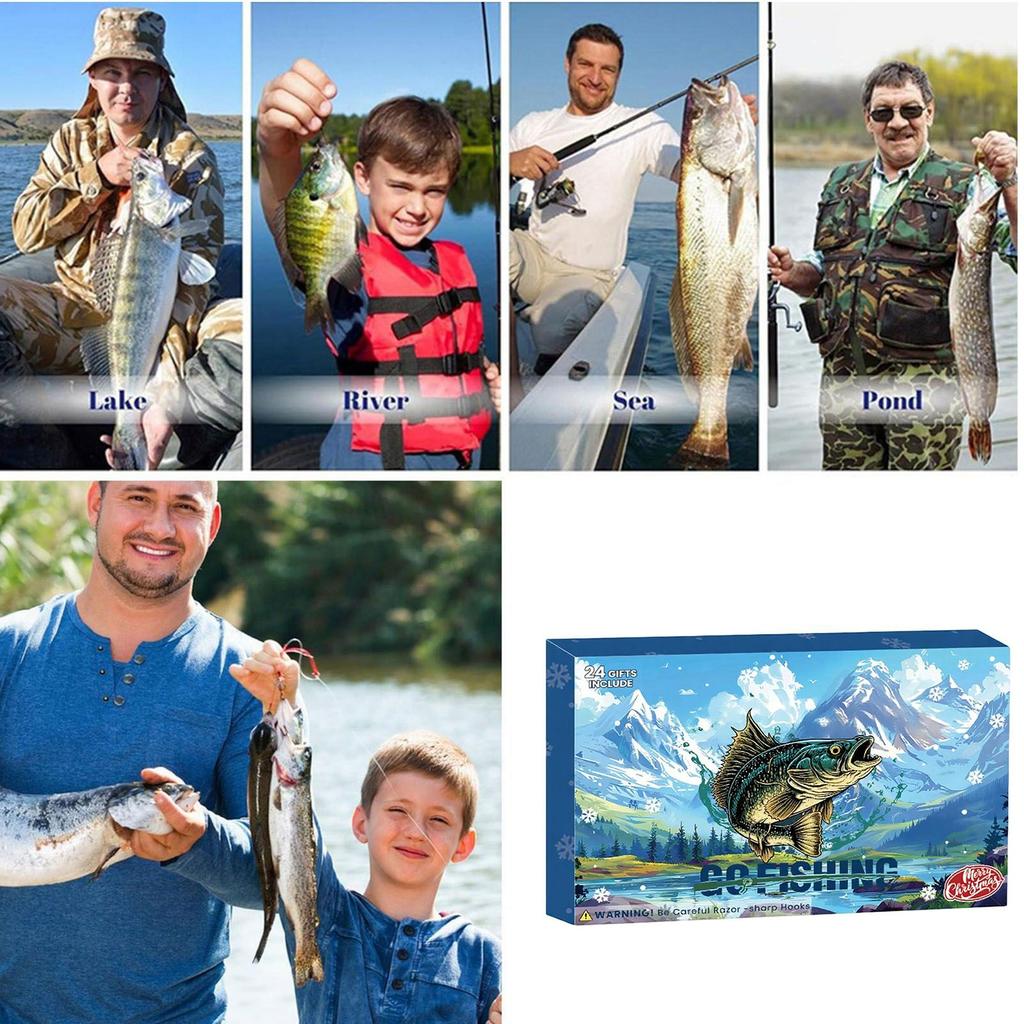 Fishing Advent Calendar 2025 24 Day Christmas Countdown Box with Fishing Accessories Rod Holder Lip Gripper for Dad Husband Gift