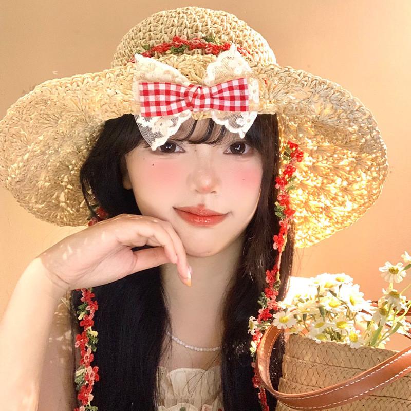 Handmade Straw Sun Hat With Extended Brim And Ribbon Tie For Outdoor Sunshade