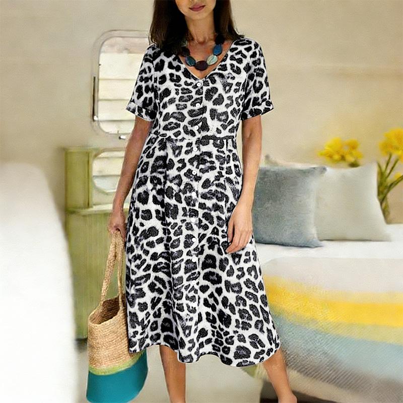 

ZANZEA Women Casual V-Neck Short Sleeve Loose Leopard Print Dress 5XL білий