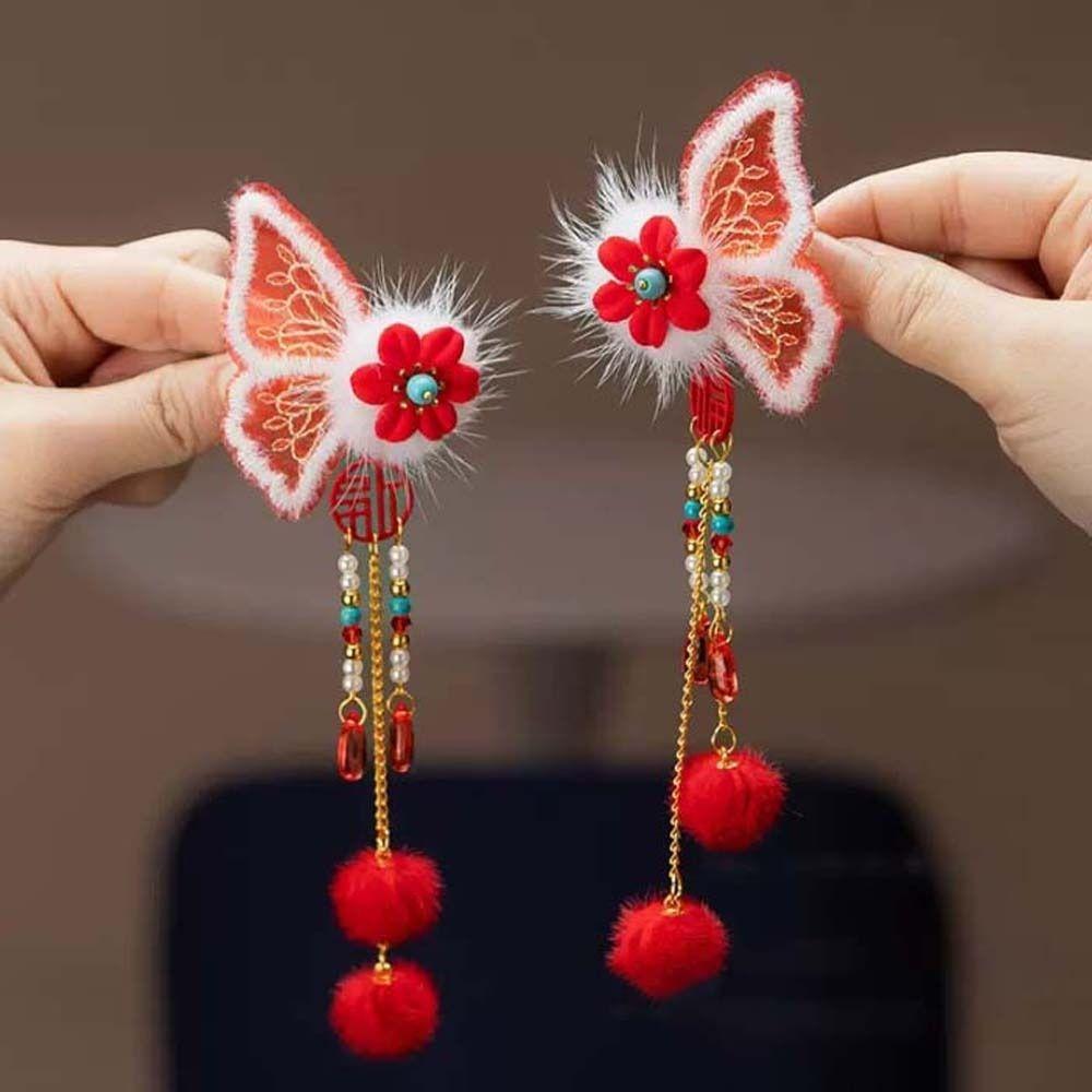 2pcs Lion New Year Tassel Barrettes Bow Ancient Style Hair Clip Children's Chinese Hairpin  Party