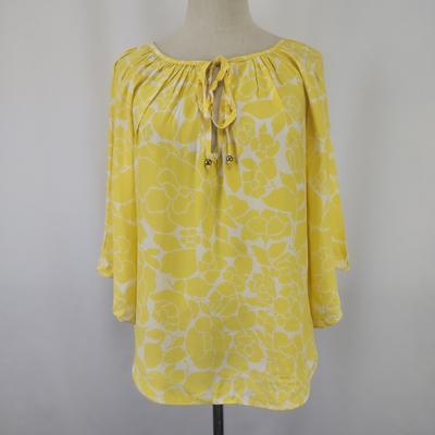 USA Silk 100% 3/4 Sleeve Blouse Shirt [Women’s S-M/Yellow Floral] Tops Blouse(USED)