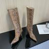 Fashion New Mixed Color Snake Patterned Side Zipper Knee High Boots Autumn Winter European American Fashion Pointed High-heel Long Boots