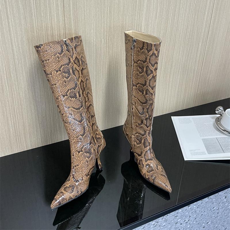 Fashion New Mixed Color Snake Patterned Side Zipper Knee High Boots Autumn Winter European American Fashion Pointed High-heel Long Boots