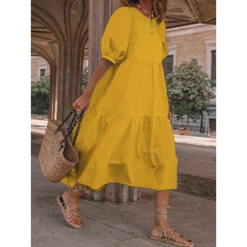 Plus Size Chubby Girl Fashion Style Summer Fashion Round Neck Pure Color Loose Short Sleeve Dress Beach Dress for Women S-5XL