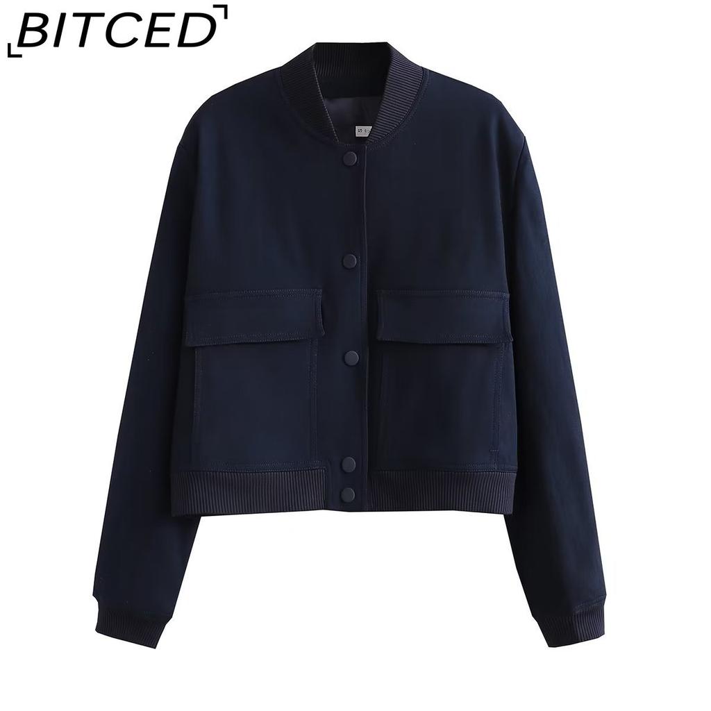BITCED Spring Women's Oversized Pocket Jacket with Stand Collar