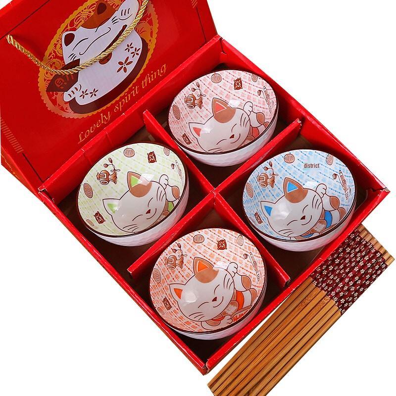 Ceramic Lucky Cat Bowl and Chopstick Gift Set