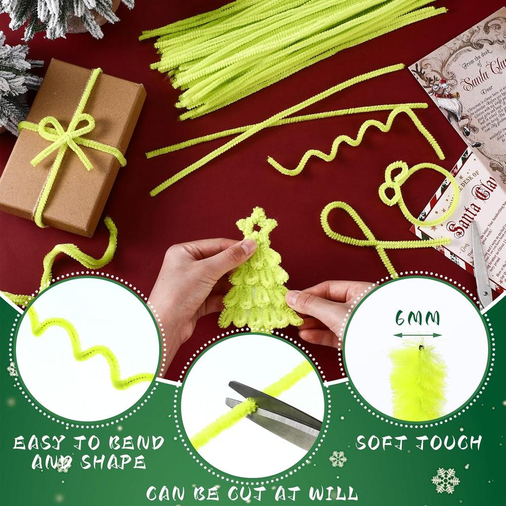 200Pcs Chenille Stems Willow Green Christmas Pipe Cleaners Craft Supplies for DIY Art Projects Christmas Party Decorations