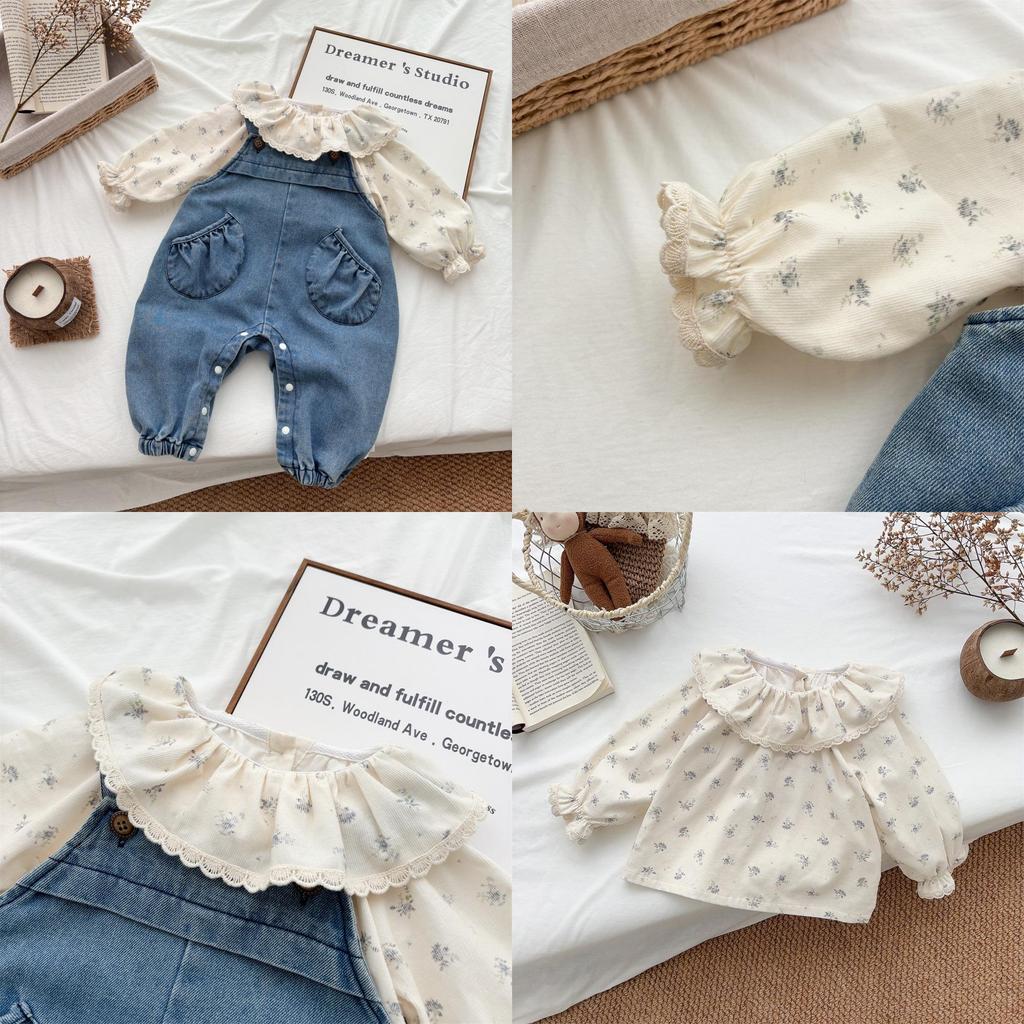 Baby Girl Spring Fall Denim Overalls Set With Cotton Fabric For Toddler Girls