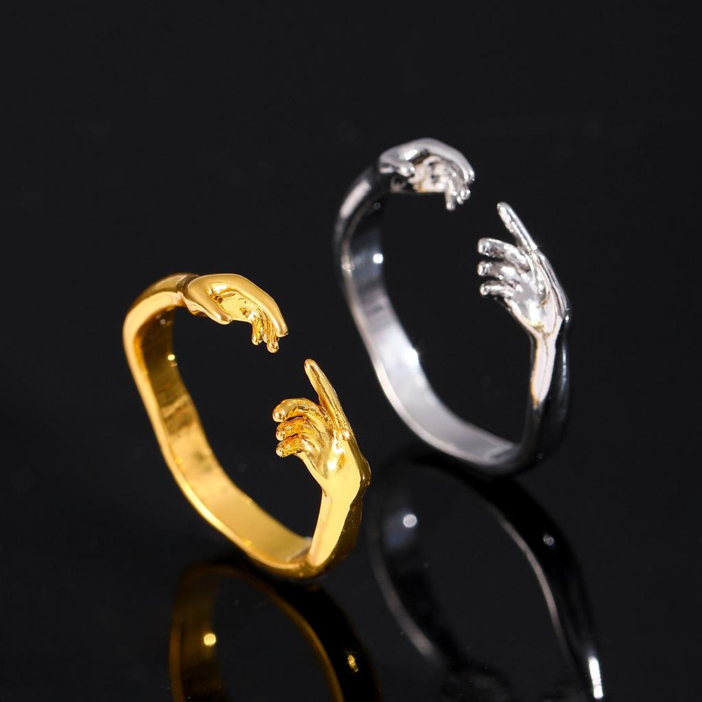 Creative Two Hands Shape Open Adjustable Ring Minimalist Unique Statement Finger Ornament for Women Daily Fashion Matching Jewelry