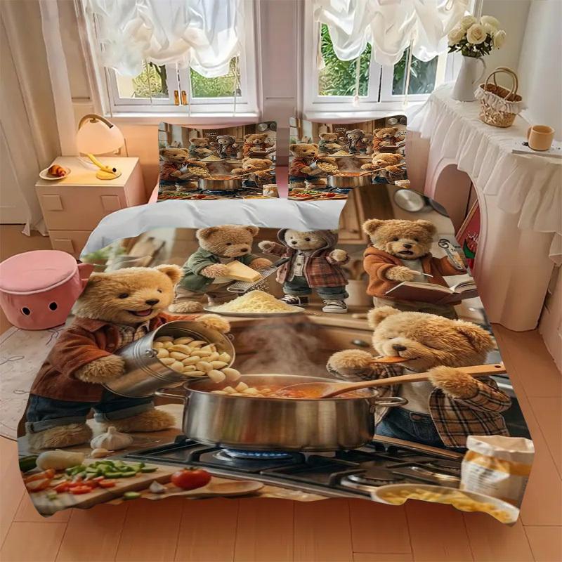 3pcs Anime Teddy Bear Kitchen Adventure Bedding Set - Includes One Quilt Cover and Two Pillowcases (No Core) - Perfect for Bedroom and Guest