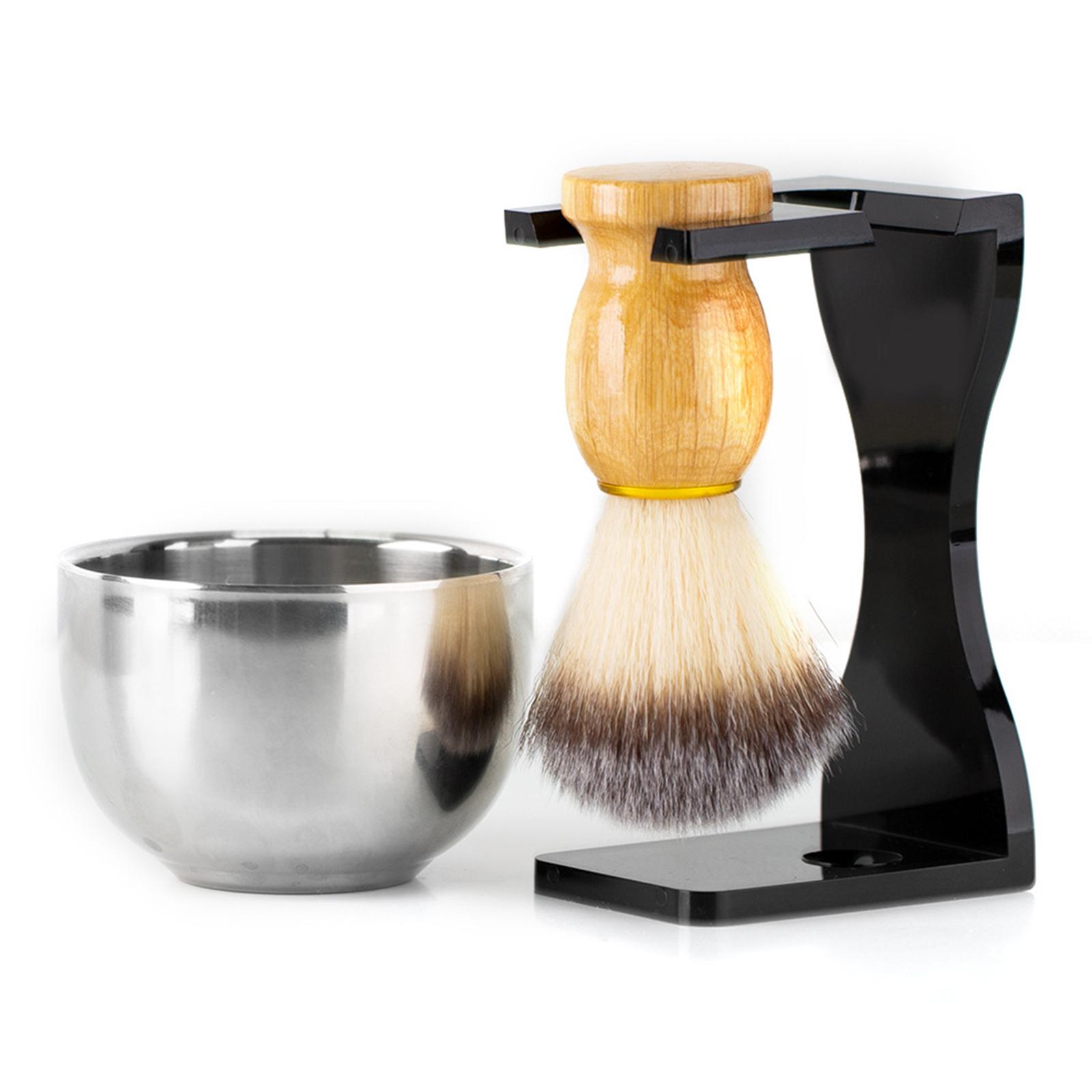 

3 In 1 Shaving Brush Set with Acrylic Stand Stainless Steel Bowl Beard Grooming Kit for Men A