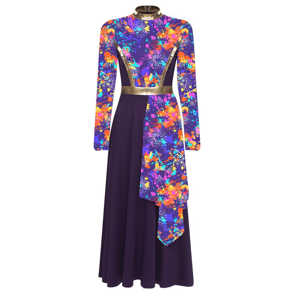 Womens Praise Dance Dress Mock Neck Long Sleeve Tunic Design High Waist Asymmetrical Hem Lyrical Costume