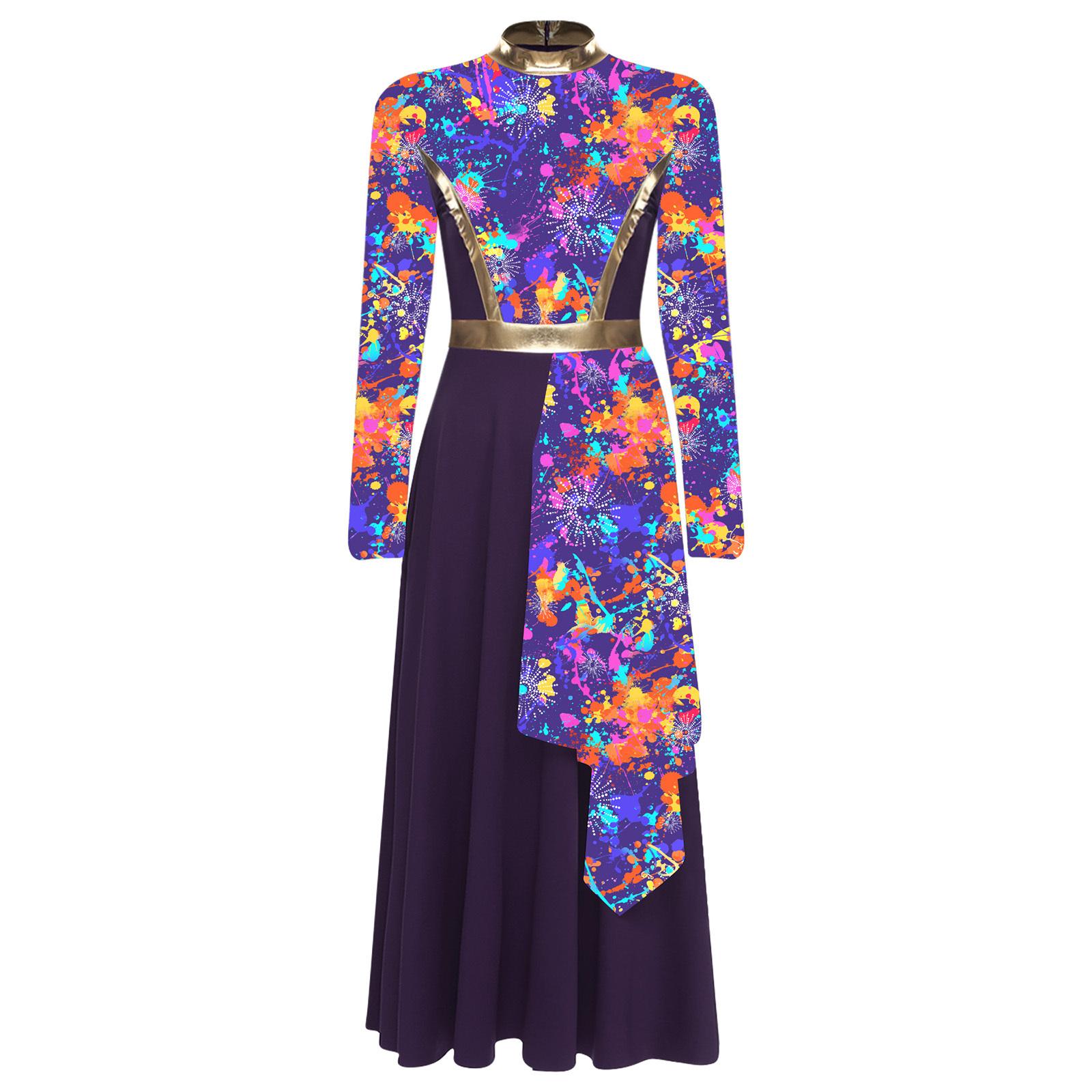 

Ladies Lyrical Dance Costume Mock Neck Long Sleeve Tunic Dress with High Waist and Asymmetrical Skirt S фіолетовий